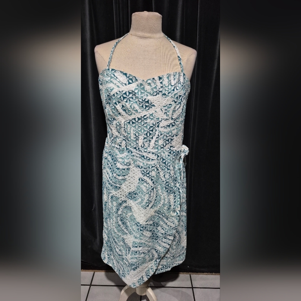 Tori Richard Strapless Dress - Teal and White